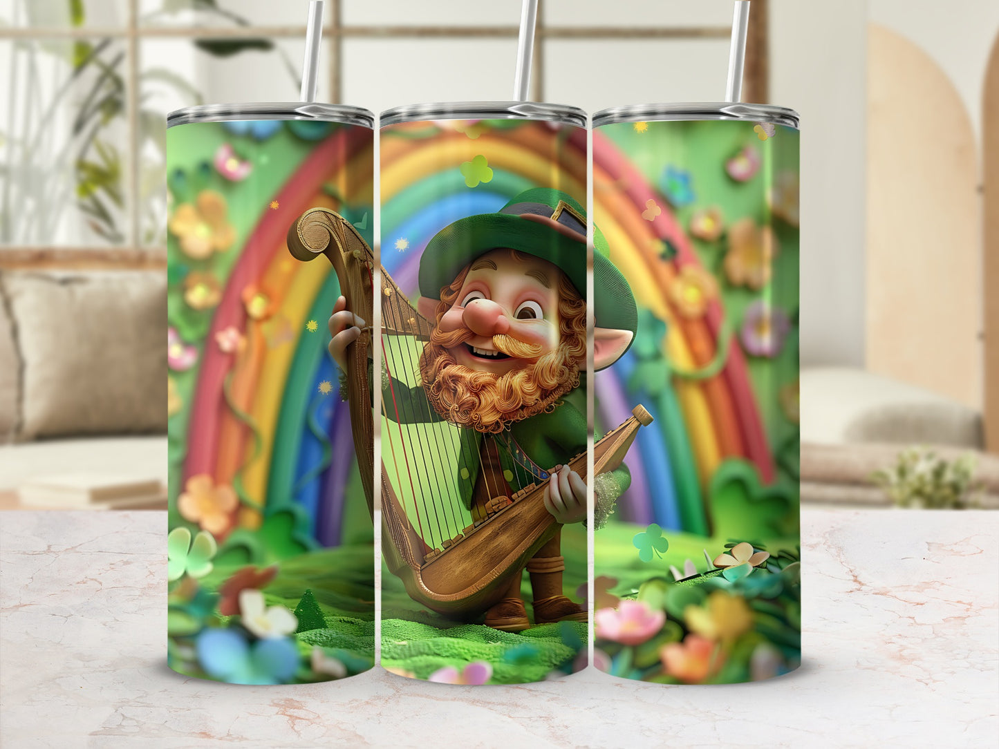 Leprechaun with harp in front of rainbow and clover background.