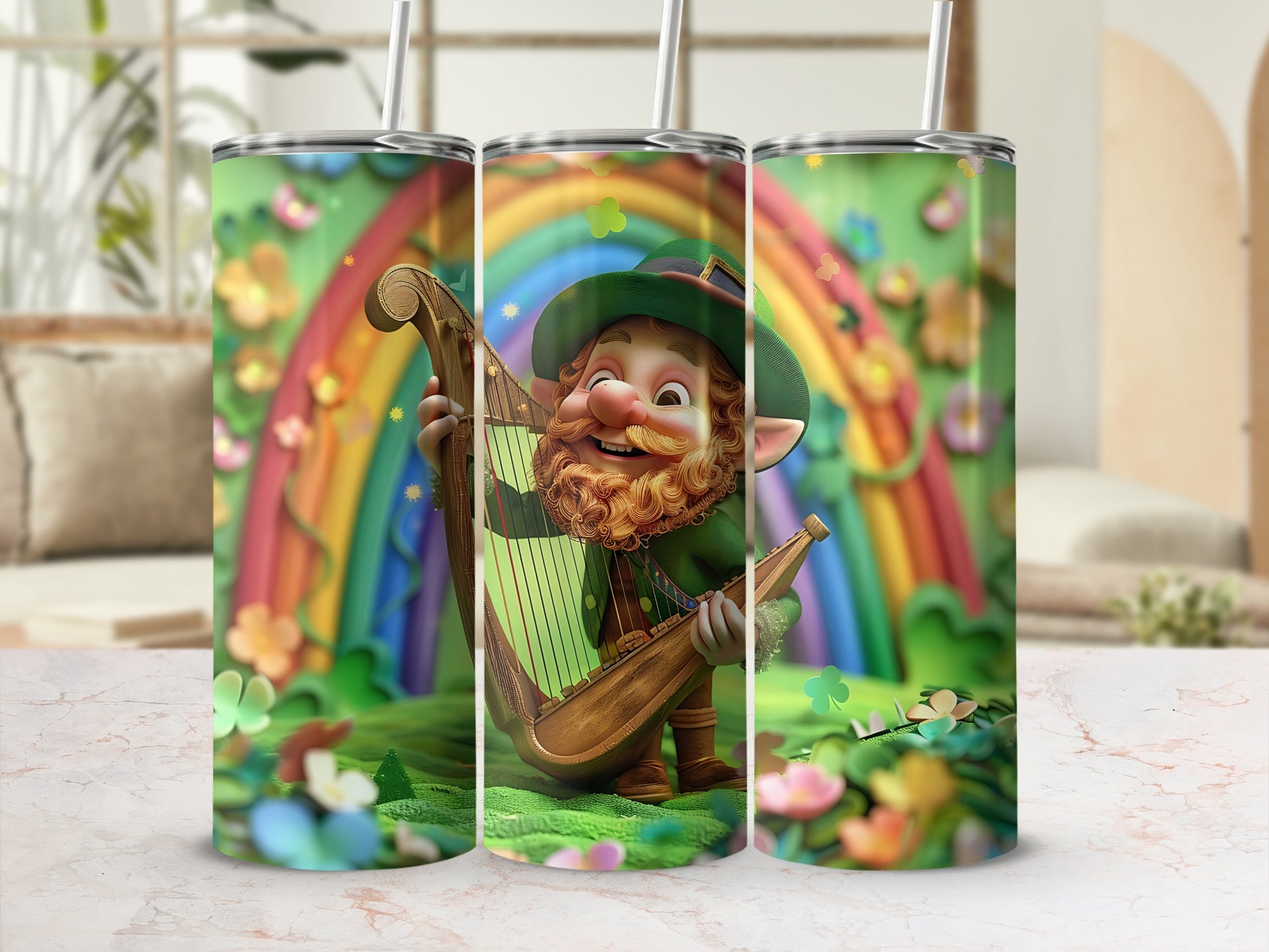 Leprechaun with harp in front of rainbow and clover background.