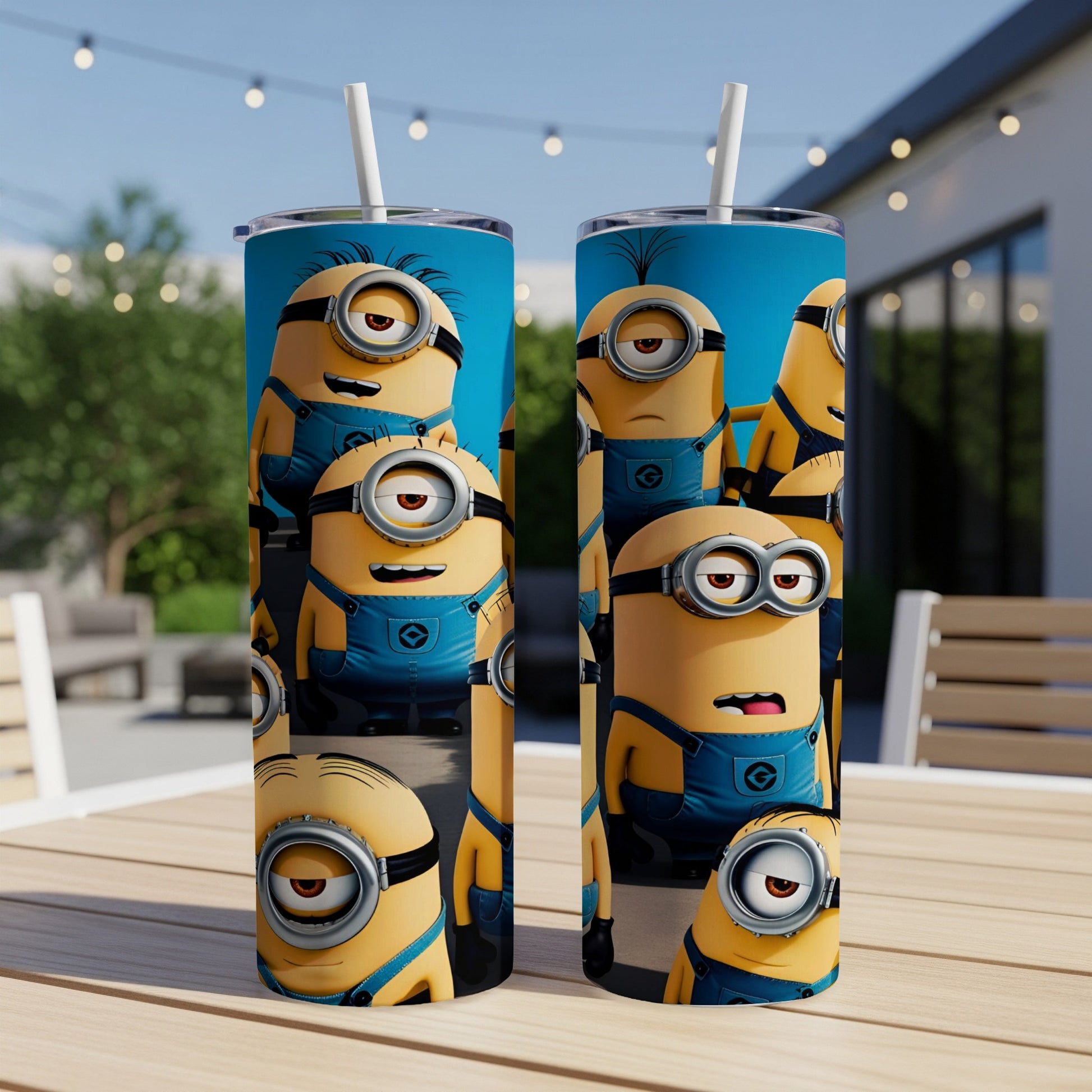 Minions in blue overalls with straws, on a blue background.