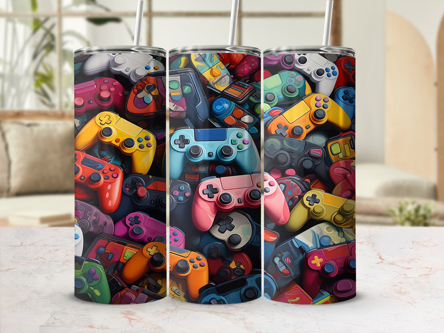 Collage of colorful video game controllers in a repeating pattern.