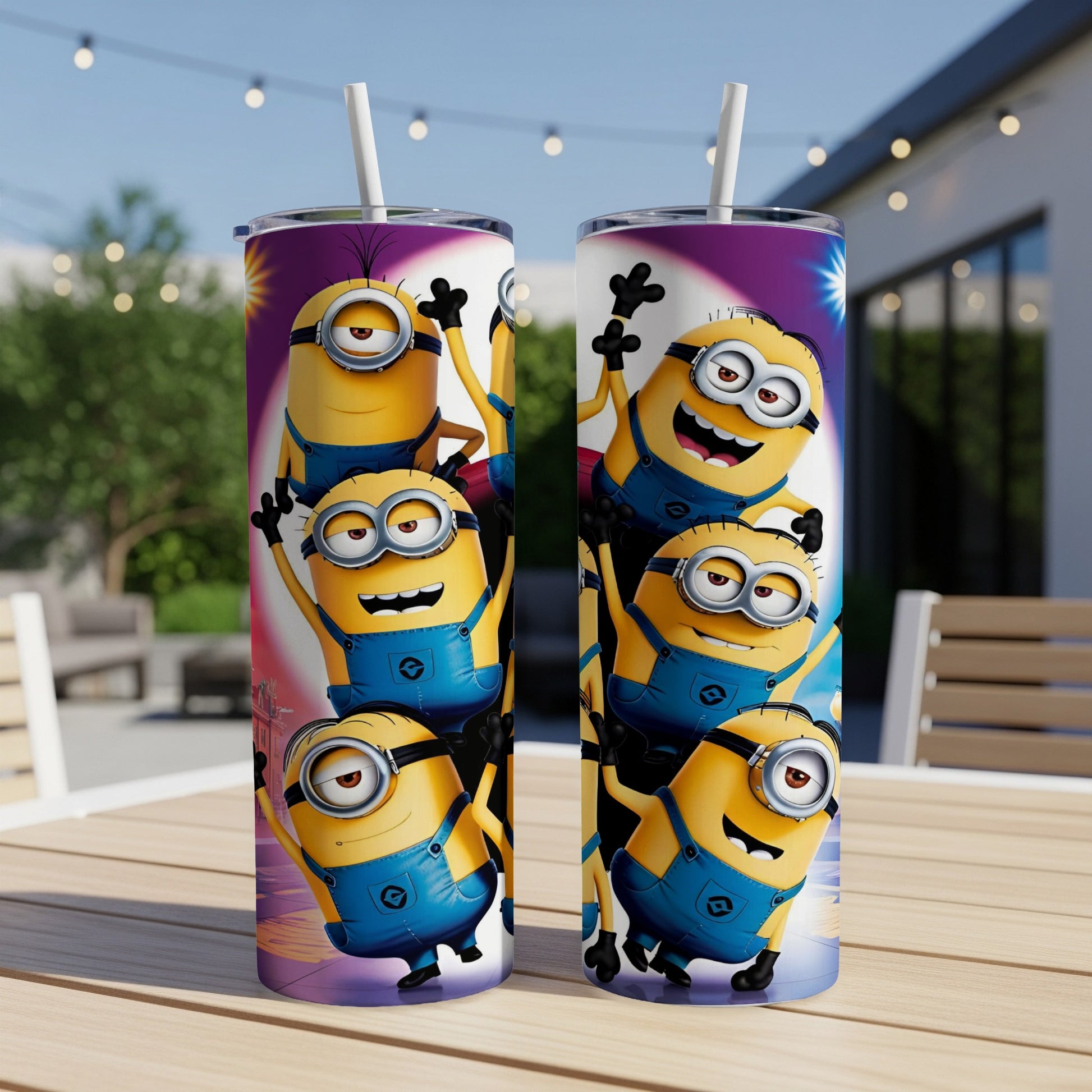 Two Minion character tumblers with a playful background.