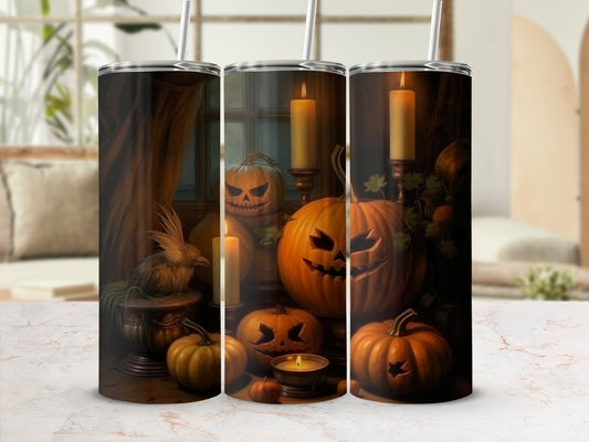 Halloween tumblers with jack-o'-lanterns, candles, and a bird on a pedestal.