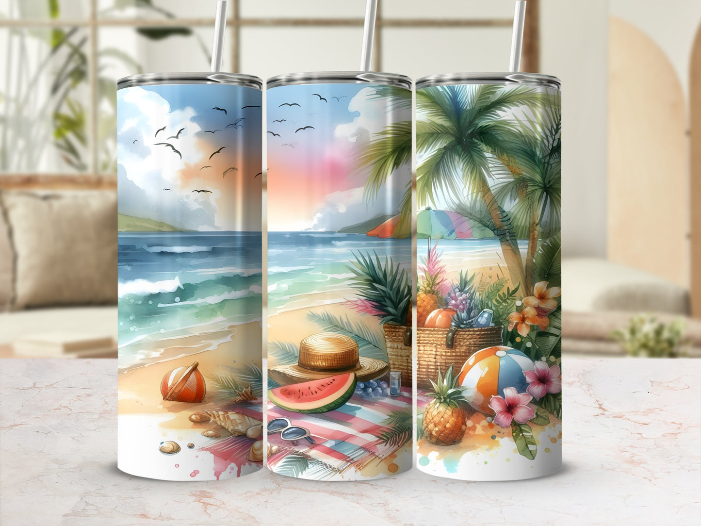 Beach scene tumbler with watermelon, pineapple, straw hat, and beach ball.