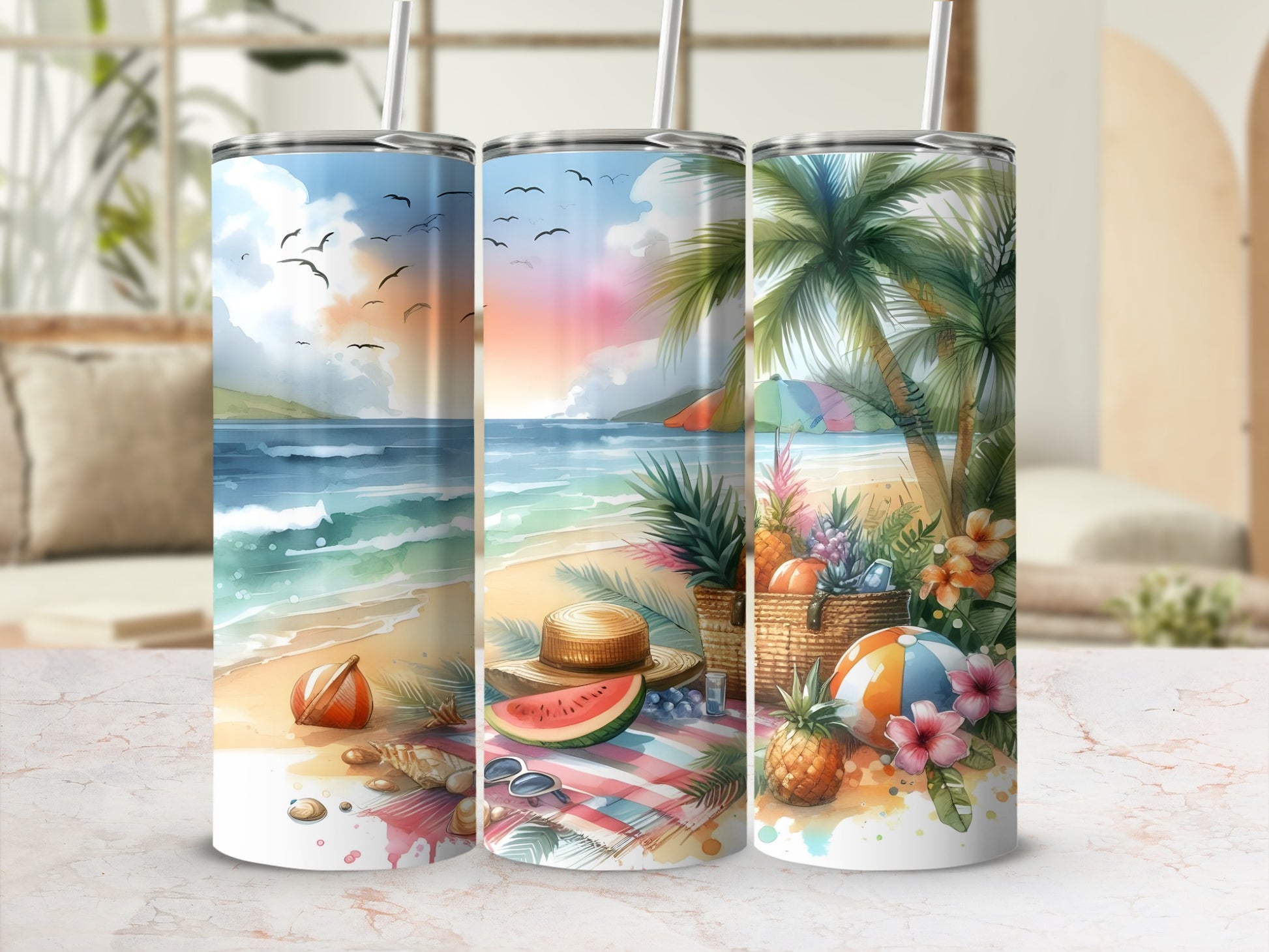 Beach scene tumbler with watermelon, pineapple, straw hat, and beach ball.