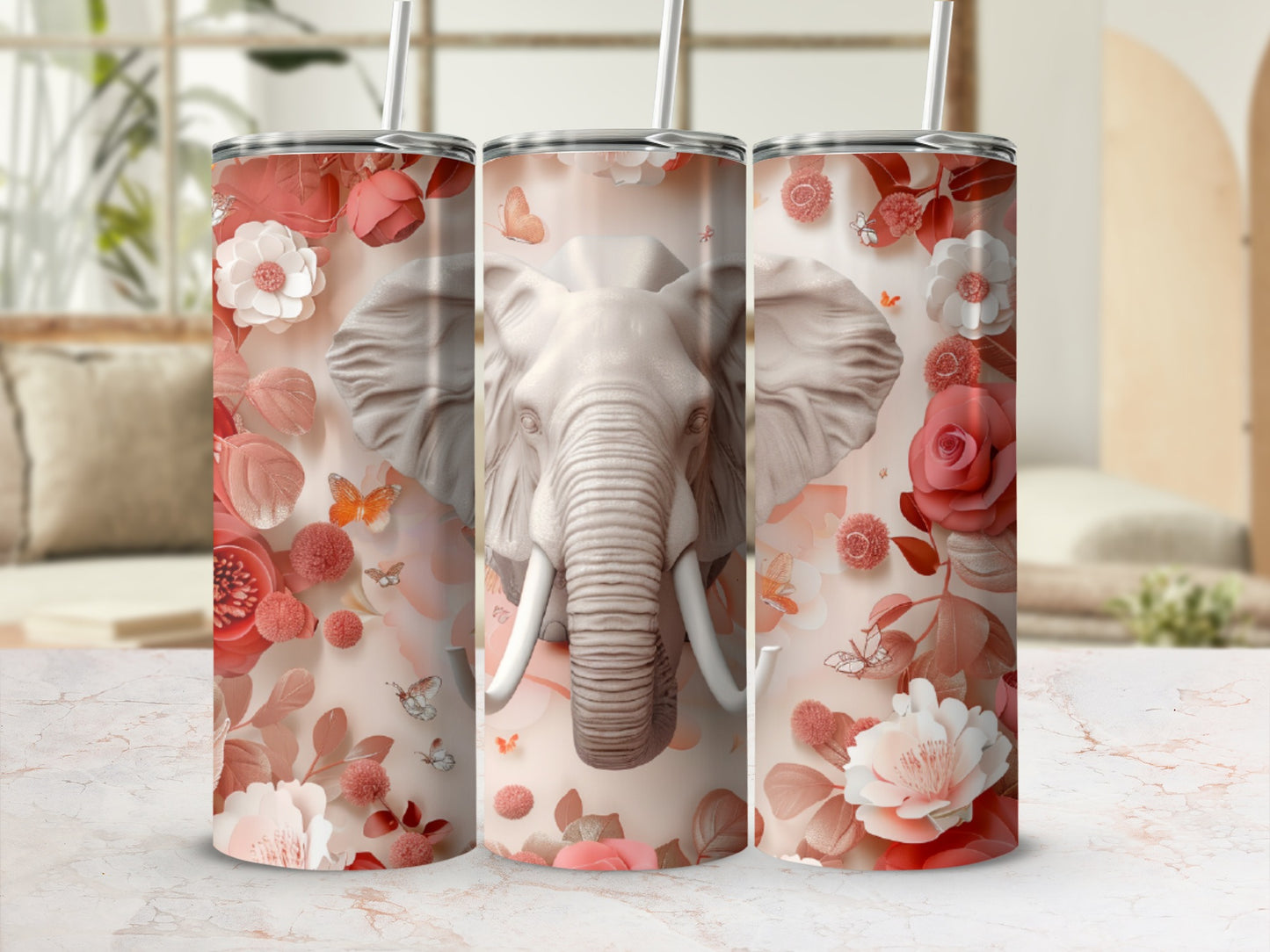 White elephant face with floral and butterfly pattern on a tumbler.