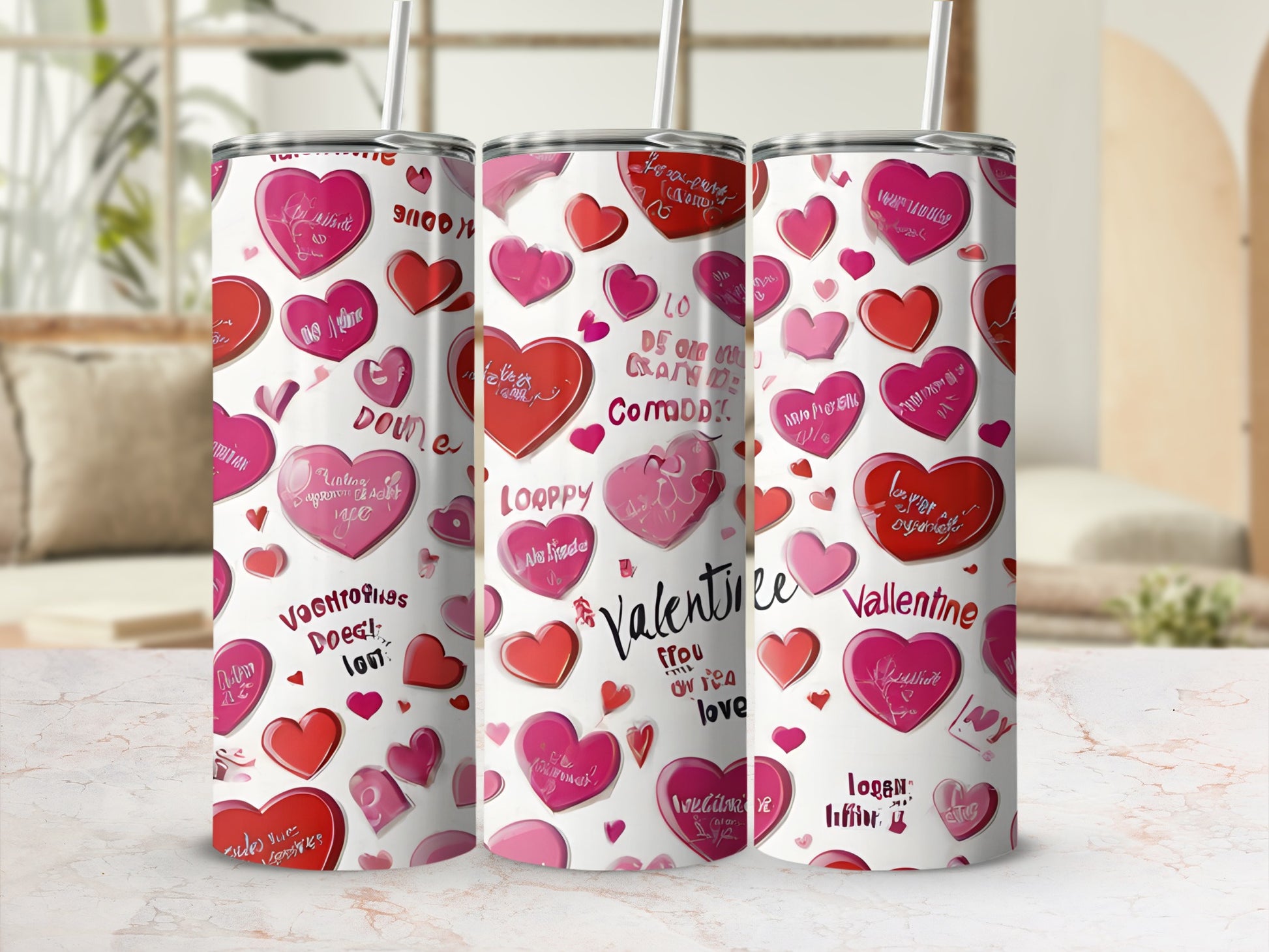 Three heart-covered tumblers with Valentine's Day messages.