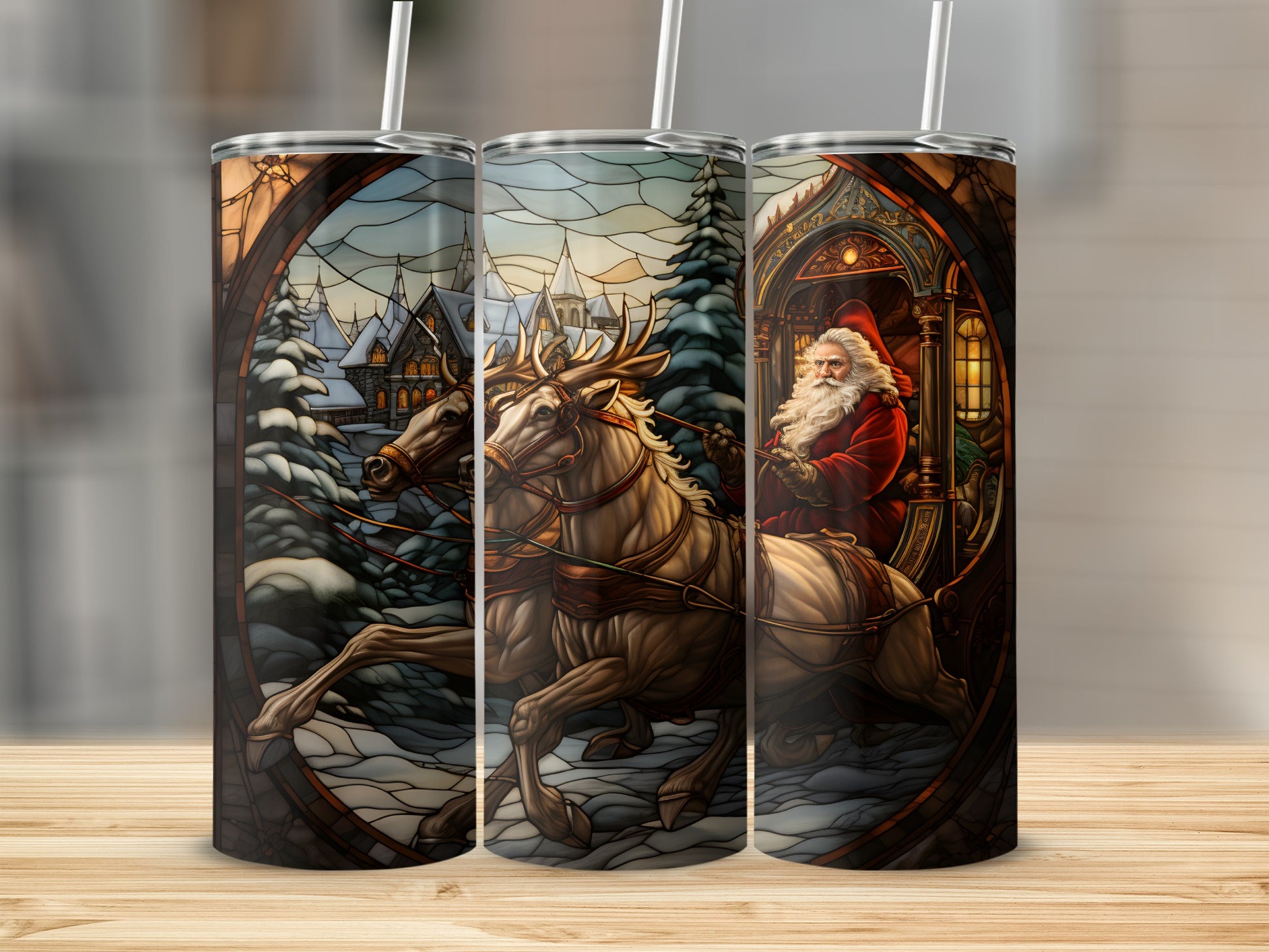 Santa in sleigh pulled by reindeer through stained glass winter village scene.