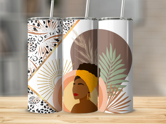 Three tumblers with abstract designs featuring a woman and gold accents.