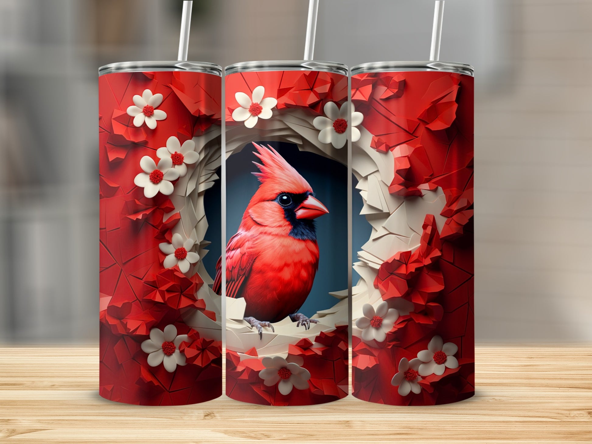 Red Cardinal Bird Geometric Design Tumbler product type
Cardinal bird, Red bird, Bird design, Geometric art, Floral pattern, White flowers, Red flowers, Nature inspired, Bird watcher, Tumbler design, Drinkware, Beverage holder, Gift idea, Unique design, Artistic tumbler, Wildlife art, Red aesthetic, Bird lover, Abstract design, Flower petals