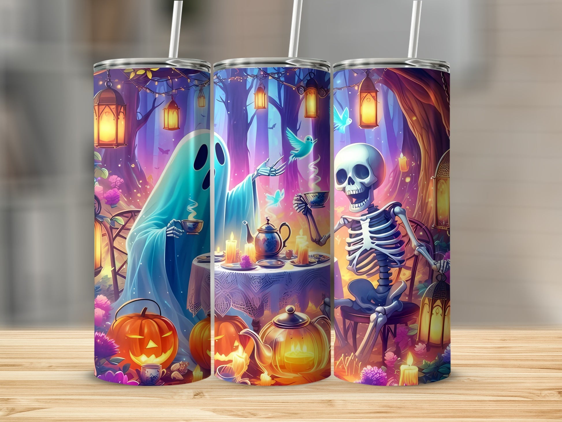 Halloween tumblers with ghost, skeleton, pumpkins, and spooky forest scene.