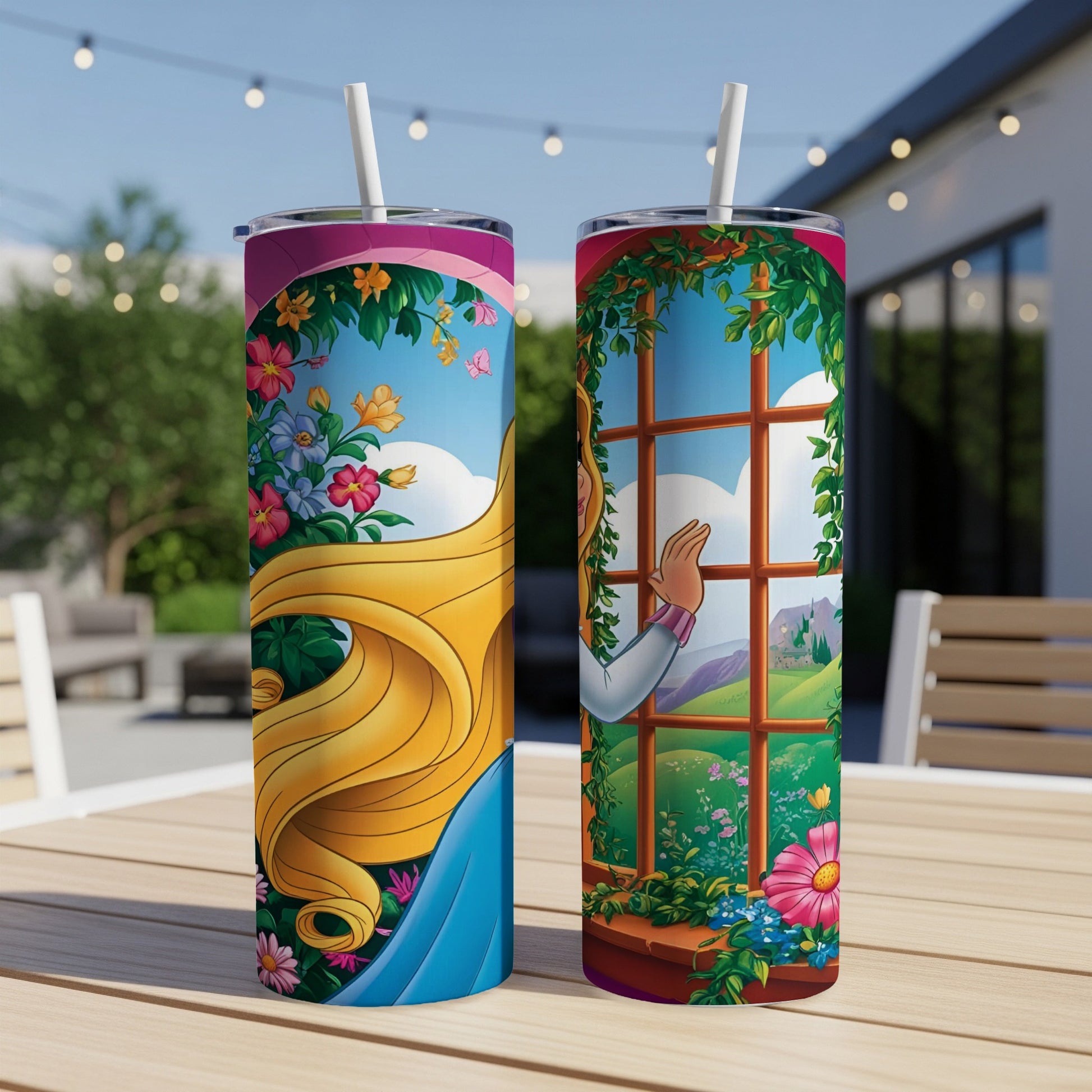Two tumblers showing Aurora's long blonde hair and a window with a garden scene.