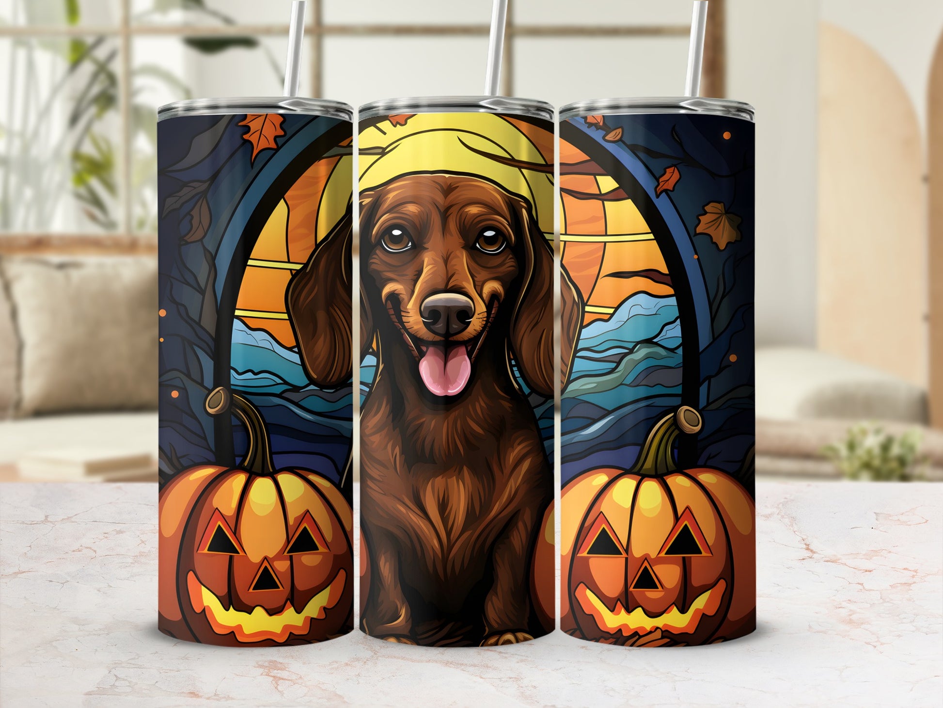 Dachshund wearing witch hat between two jack-o'-lanterns with autumn background.