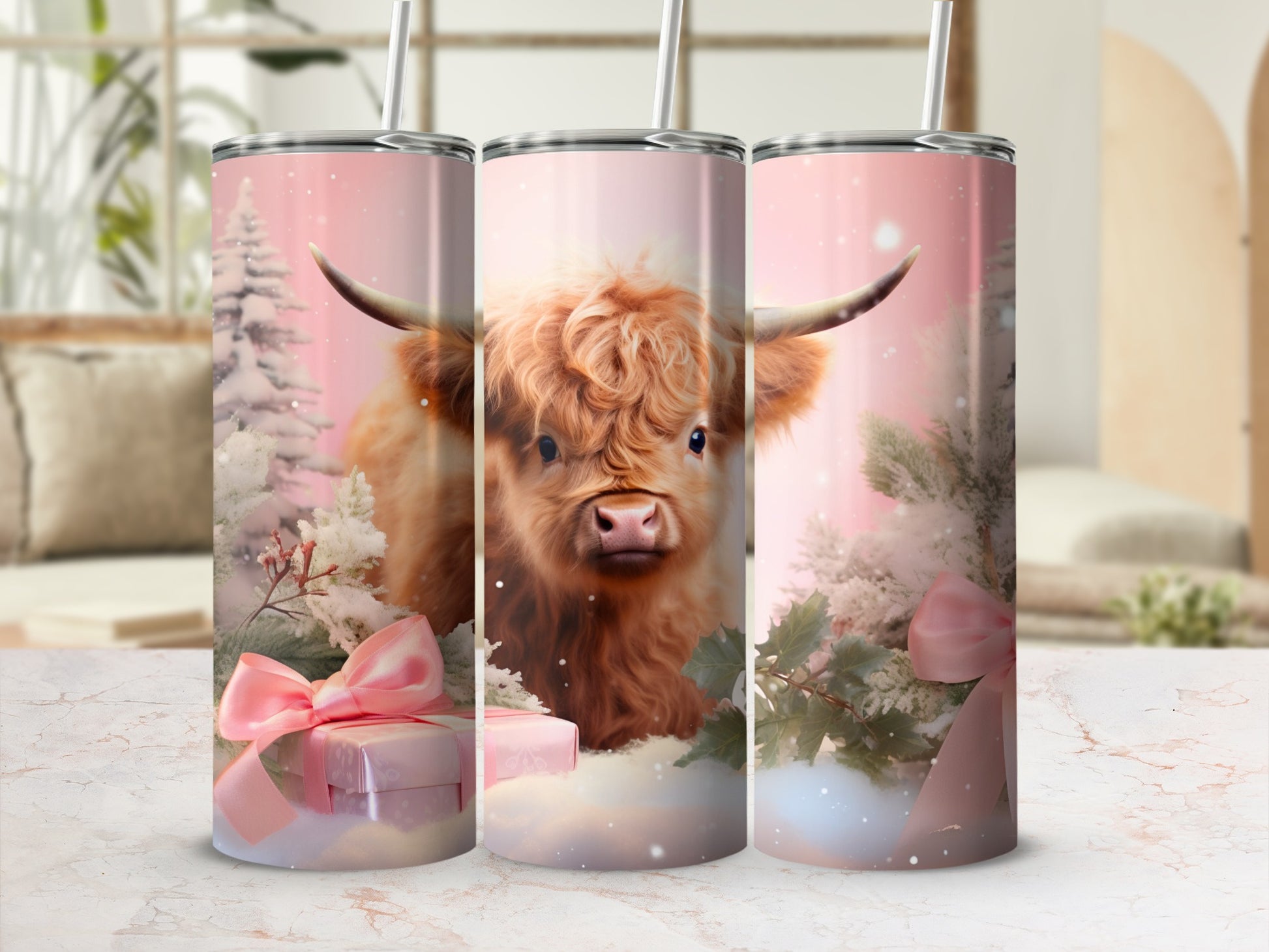 Highland Cow Christmas Tumbler with Pink Ribbon Design