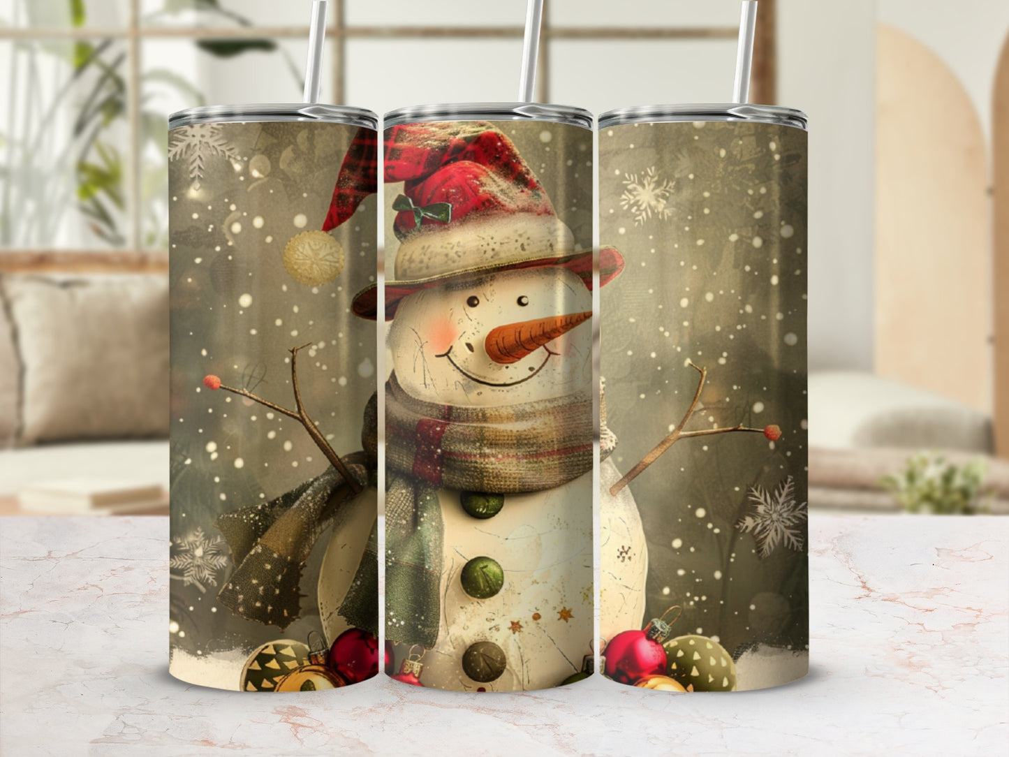 Festive snowman with red hat and scarf, surrounded by ornaments.