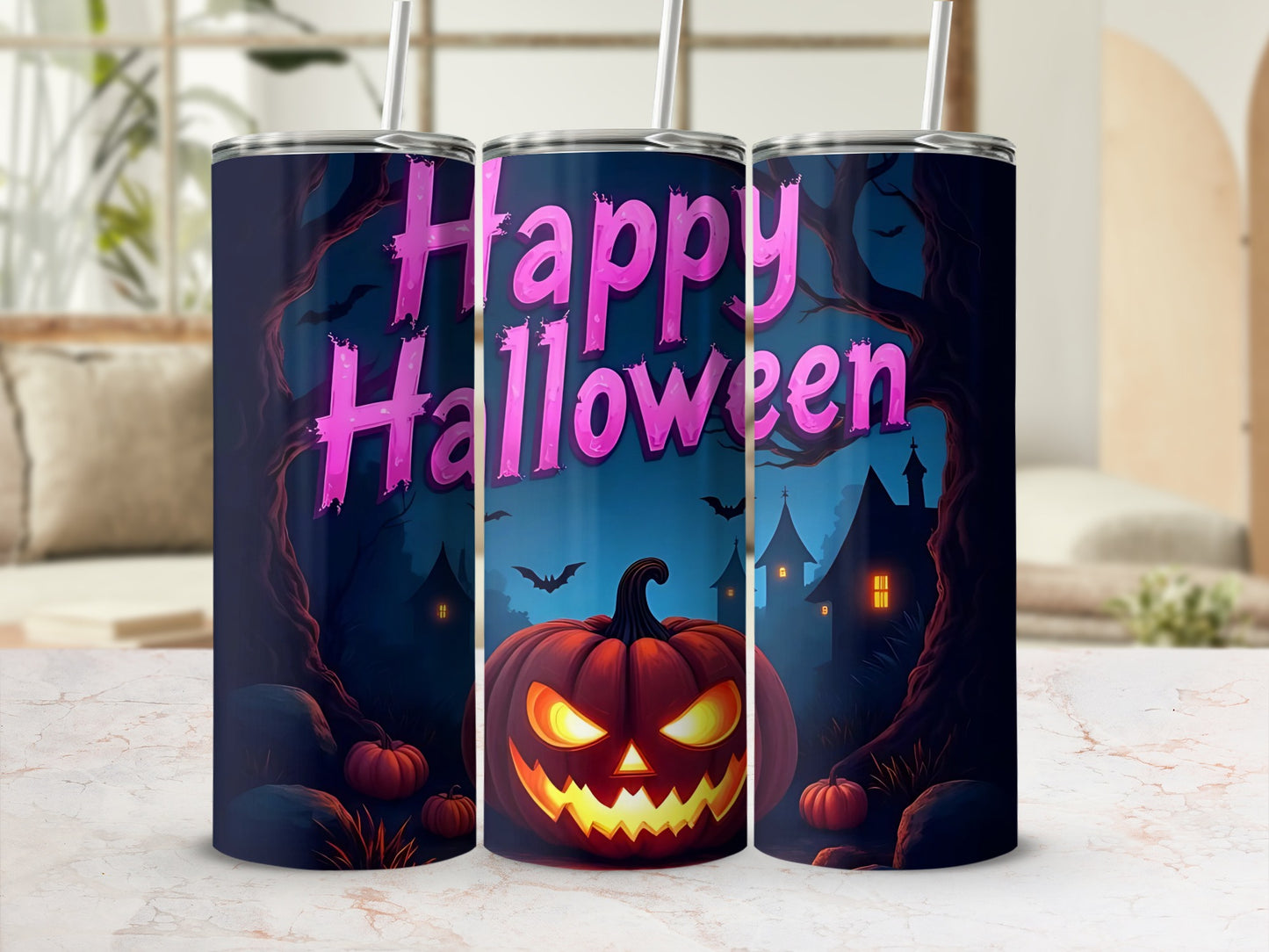 Three tumblers with Halloween theme: "Happy Halloween" text, jack-o-lantern, and spooky houses.