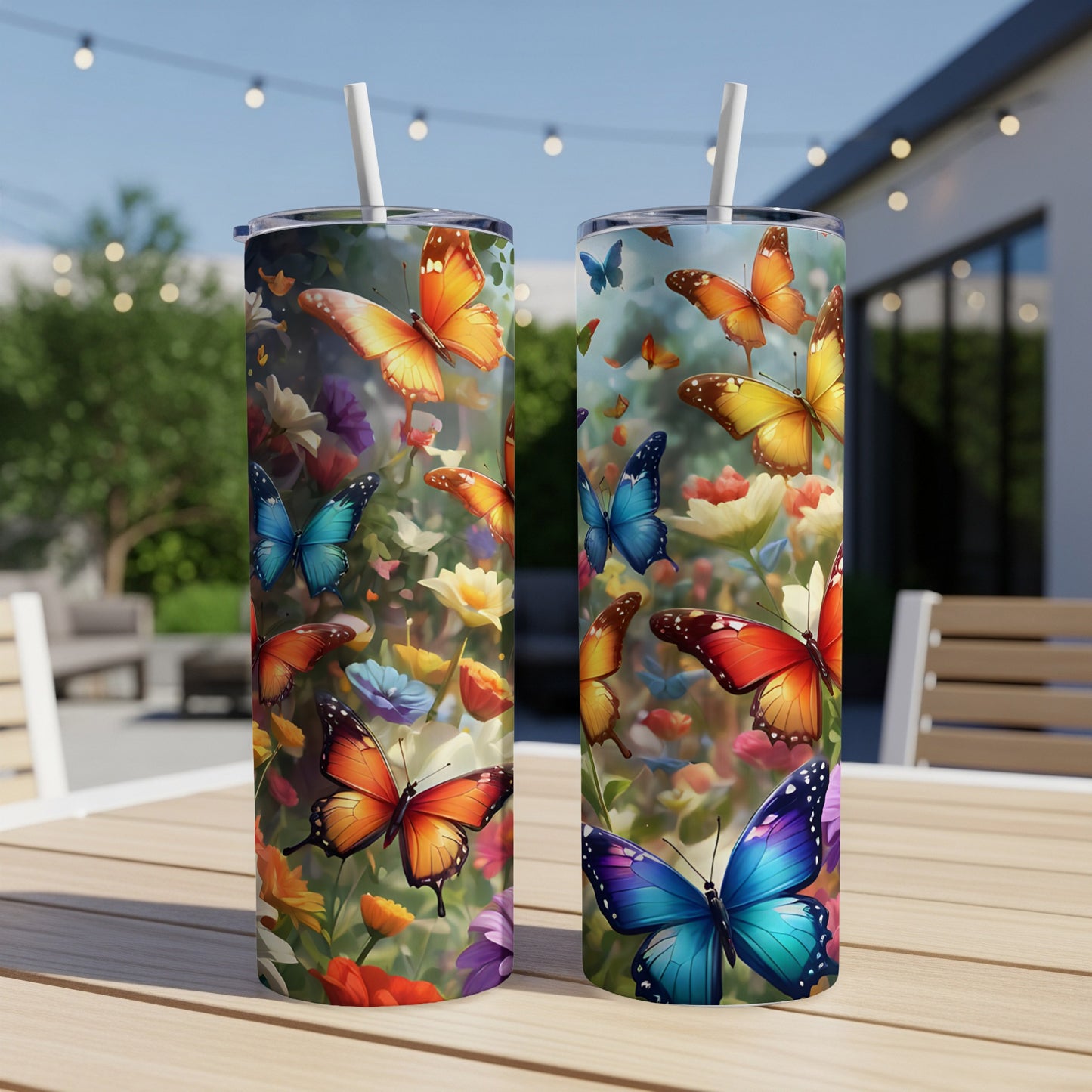 Two tumblers with colorful butterflies and floral designs, standing on a wooden table.