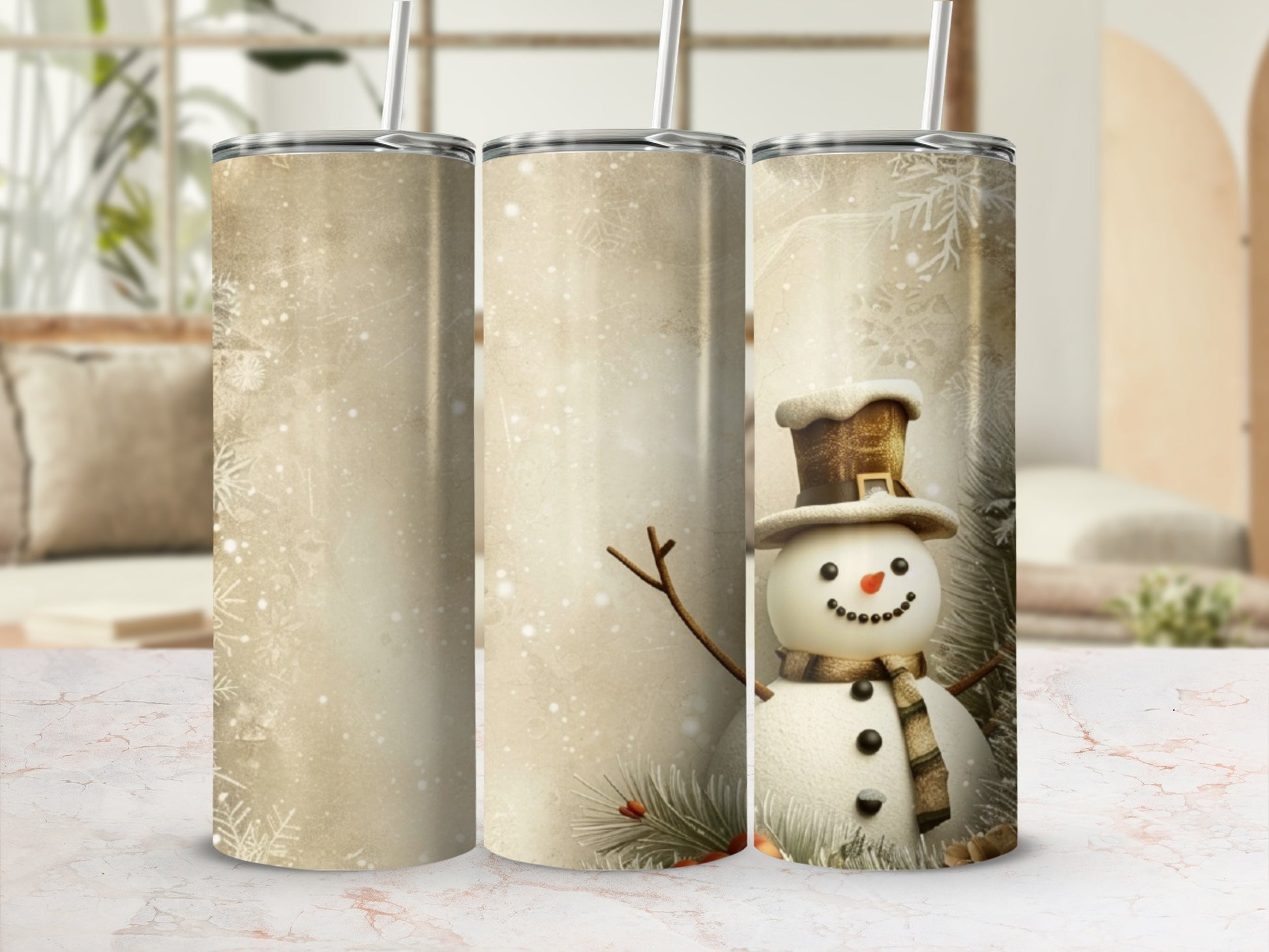 Snowman wearing a hat and scarf with snowflakes on a neutral background.