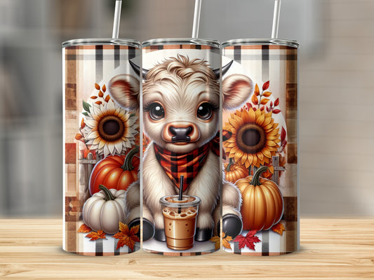 Cute calf with pumpkins and sunflowers, wearing a plaid bandana.