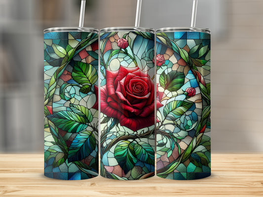 Three tumblers with stained glass rose and leaf designs.