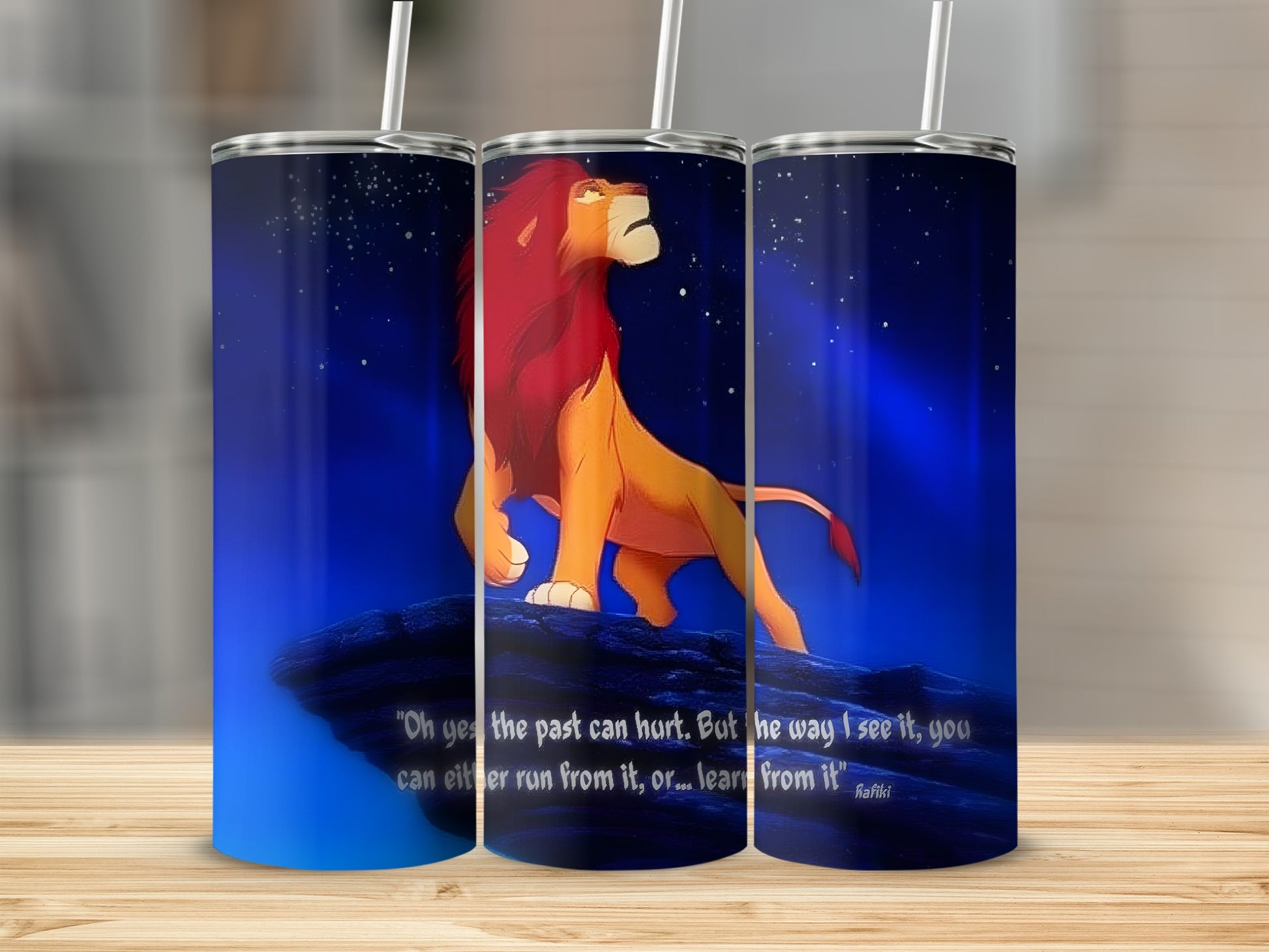 Simba roaring on a rock with stars and blue light, includes Rafiki quote.