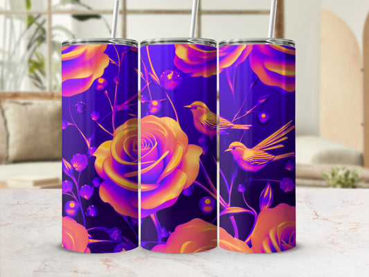 Purple and yellow floral design with birds on a tumbler.