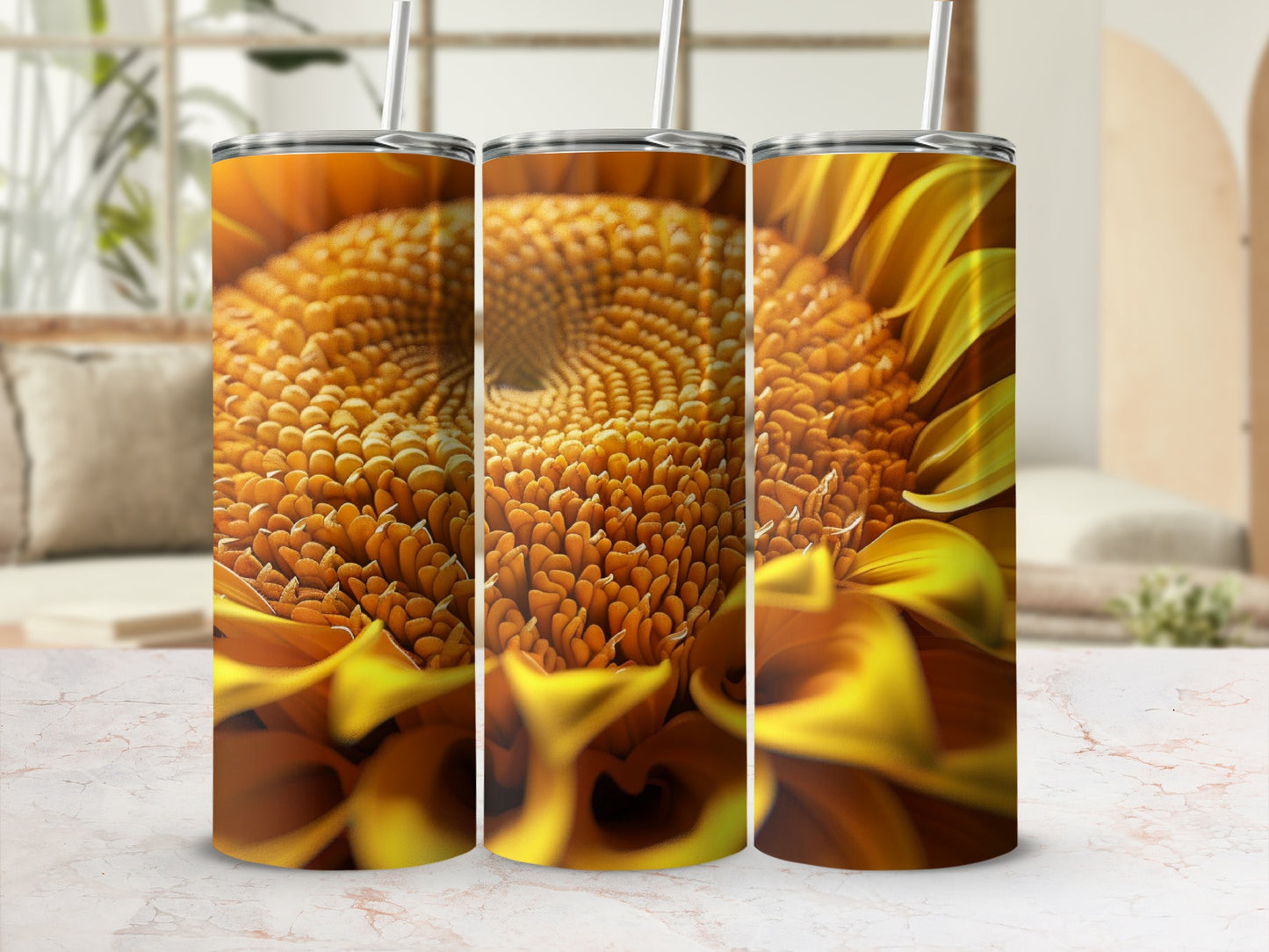 Three tumblers with a close-up sunflower design.