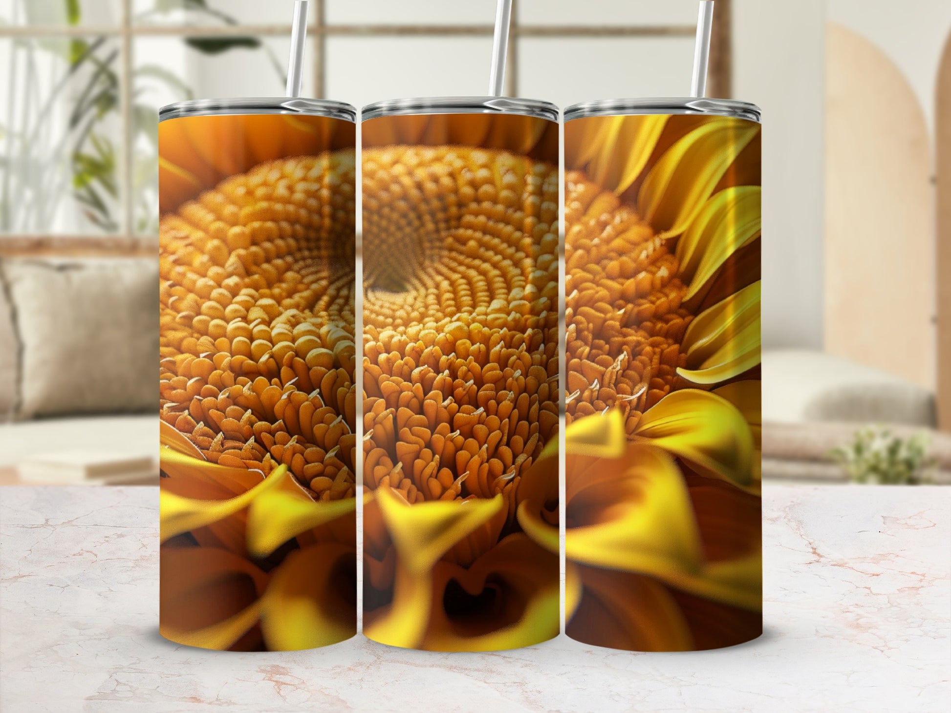 Three tumblers with a close-up sunflower design.
