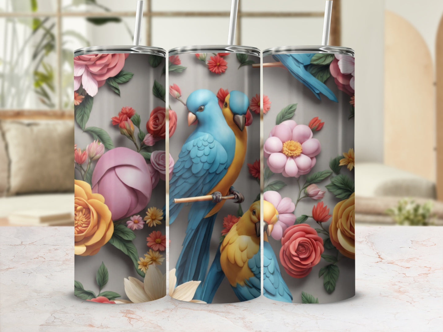 Two blue and yellow parrots among pink and yellow flowers.