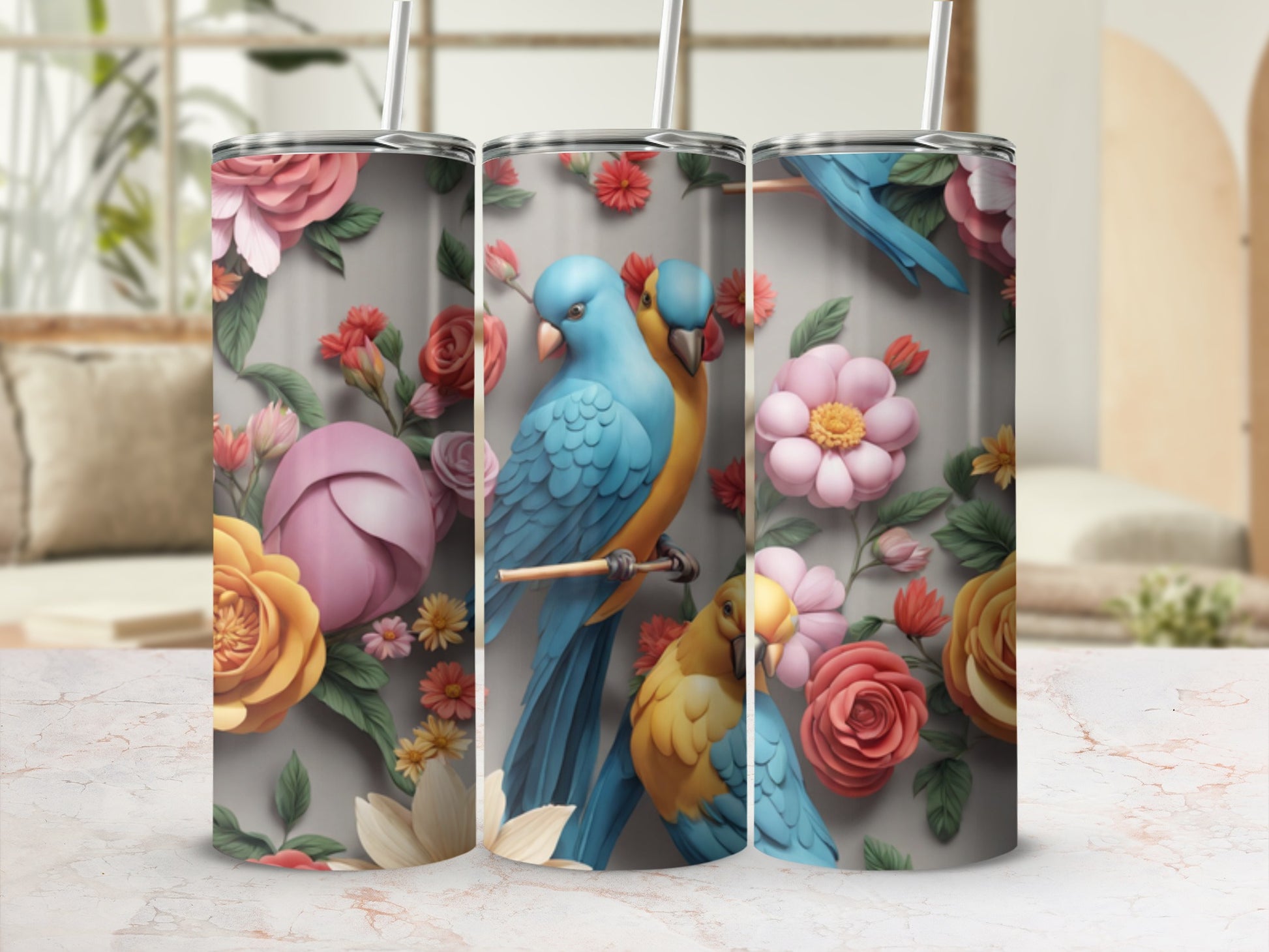 Two blue and yellow parrots among pink and yellow flowers.