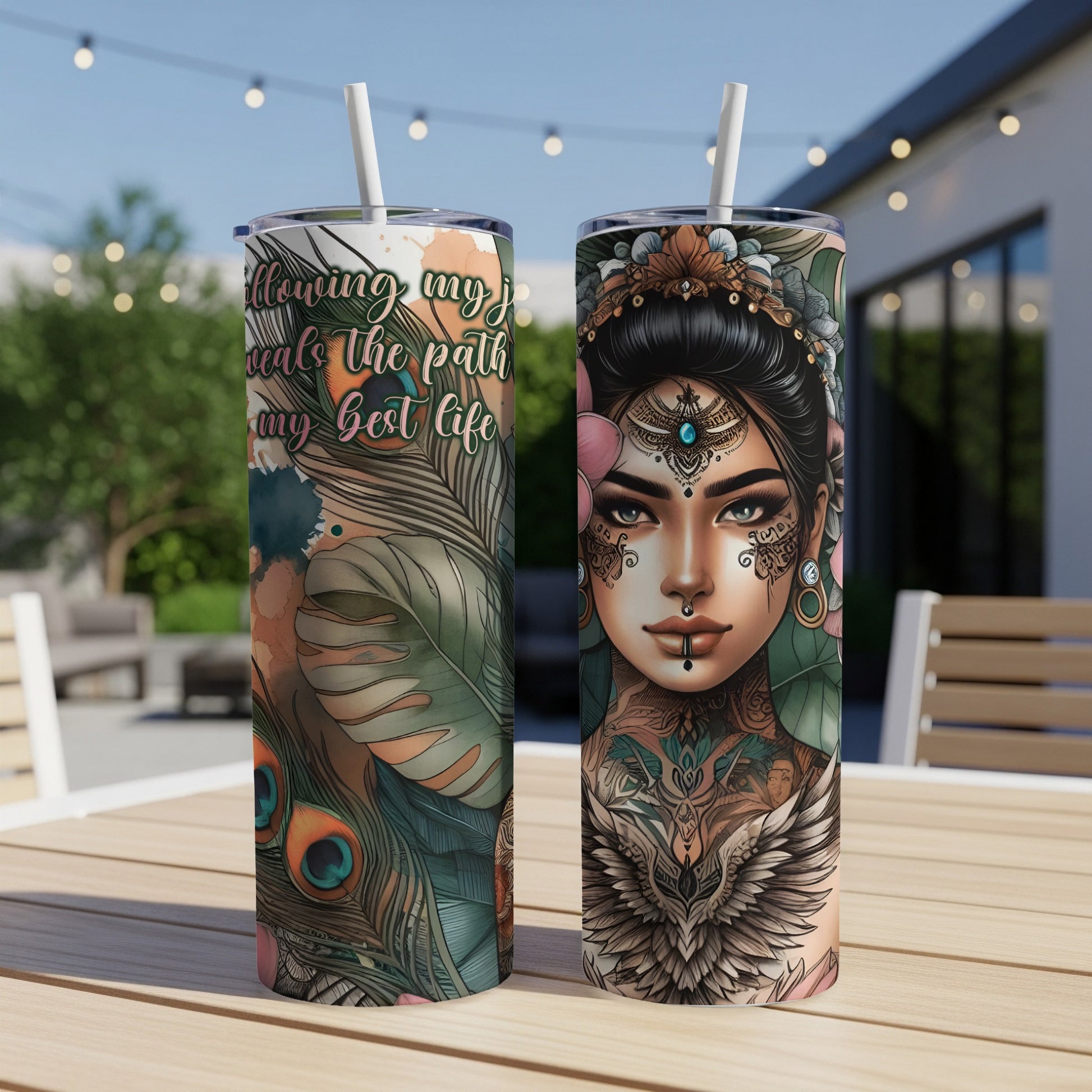 Two tumblers with woman's portrait and peacock feathers.