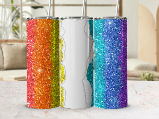 Three glitter tumblers with rainbow colors and a ripped paper effect.