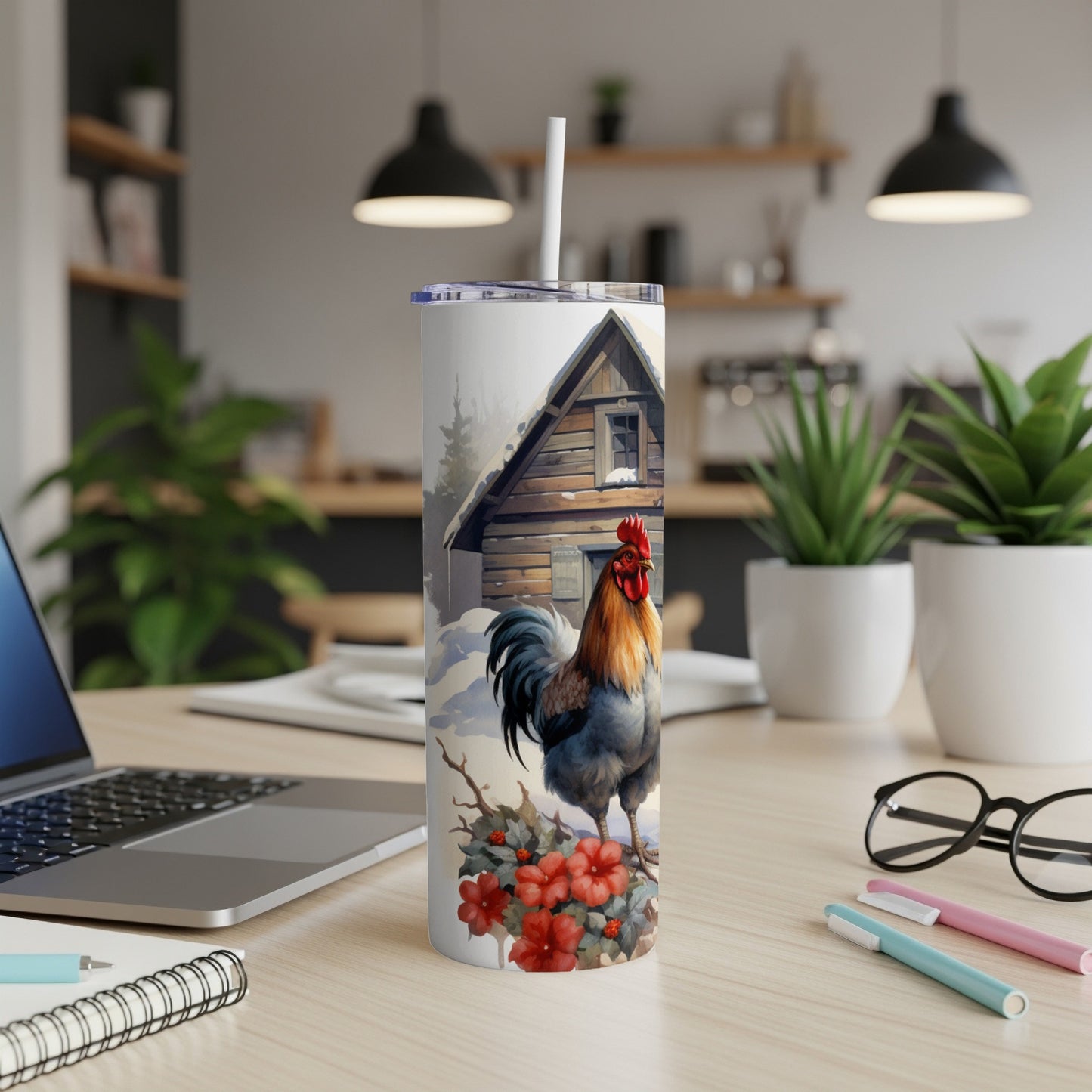 Rooster and berries design on a white insulated tumbler with straw.