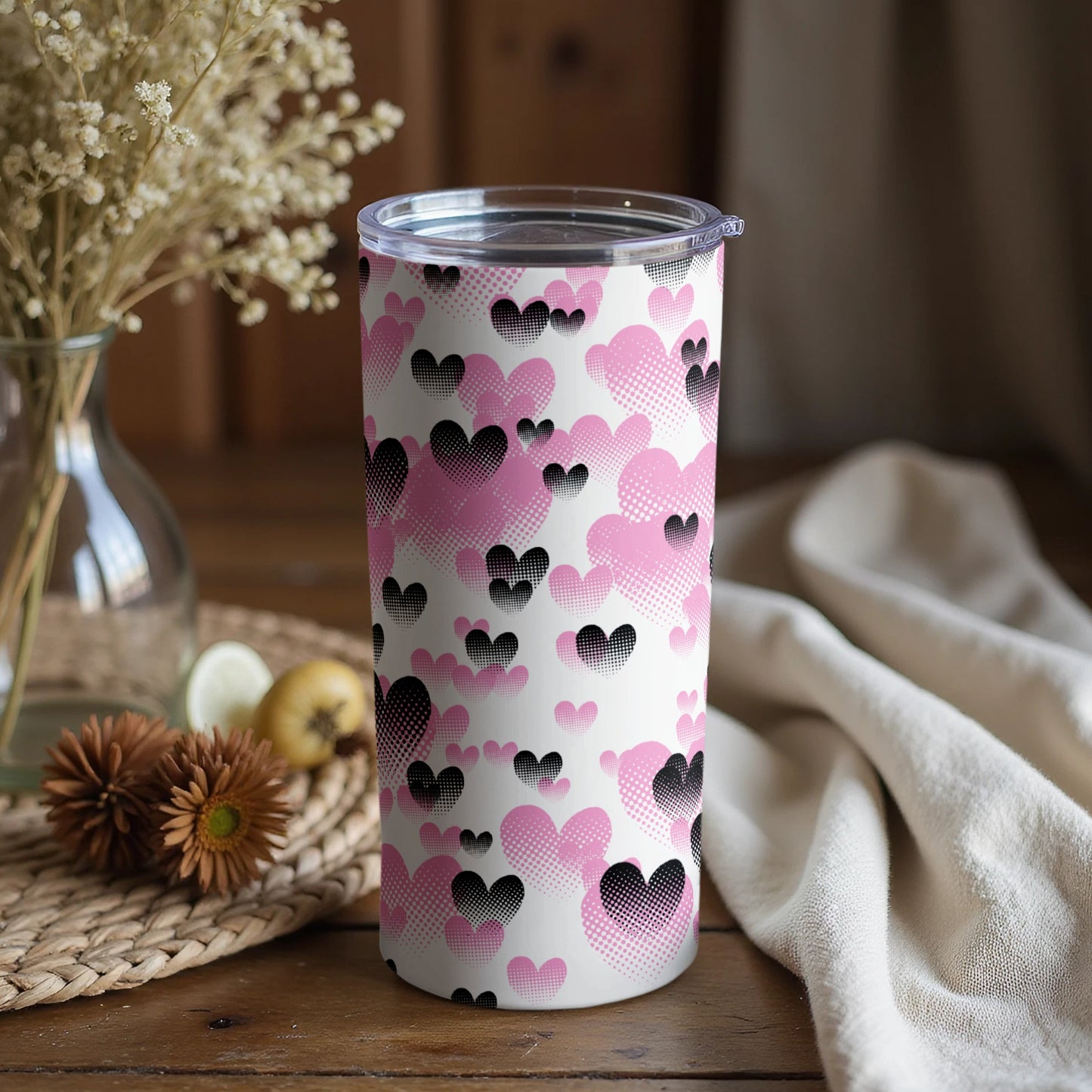 Pink and Black Hearts Patterned Tumbler