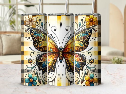 Tall tumbler with a yellow plaid background and a colorful butterfly design.