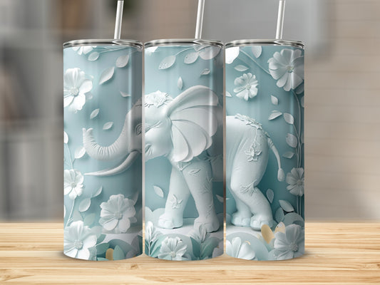 White elephant and floral design on a tall, slender tumbler.