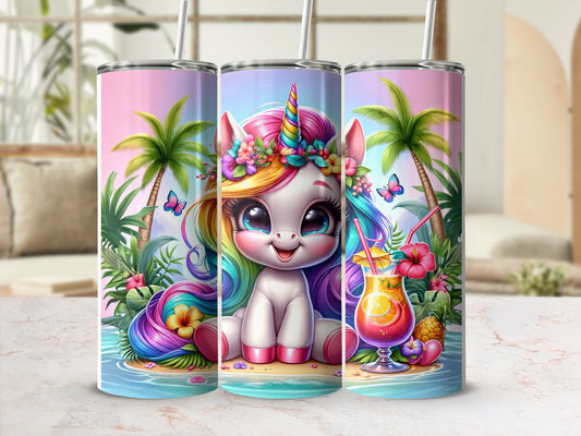 Unicorn with rainbow hair and colorful flowers, on tropical island, with cocktail.