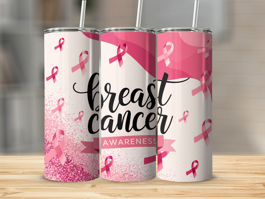 Three pink breast cancer awareness tumblers with ribbon patterns.