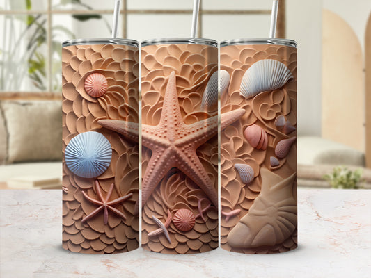 Three tumblers with embossed seashell and starfish designs on textured background.