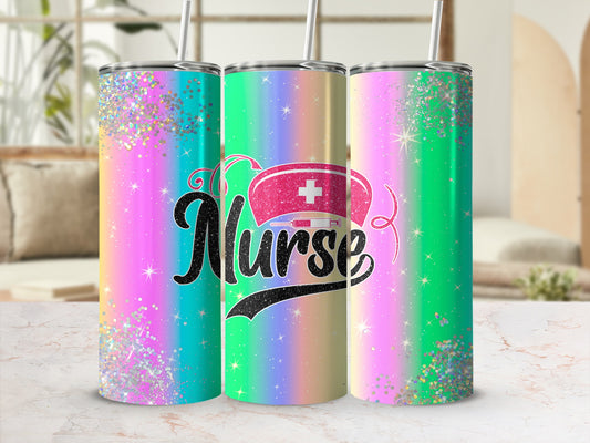 Glittery nurse tumbler with pink stethoscope and "Nurse" text.