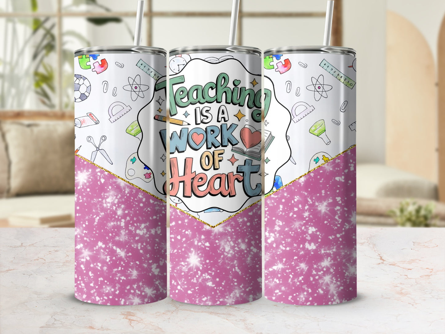 Teaching Is A Work Of Heart Tumbler with Glitter Pattern