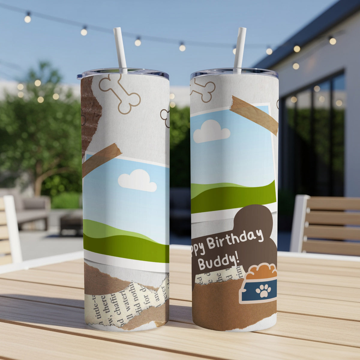 Two tumblers with ripped paper, dog bone, and dog bowl designs.