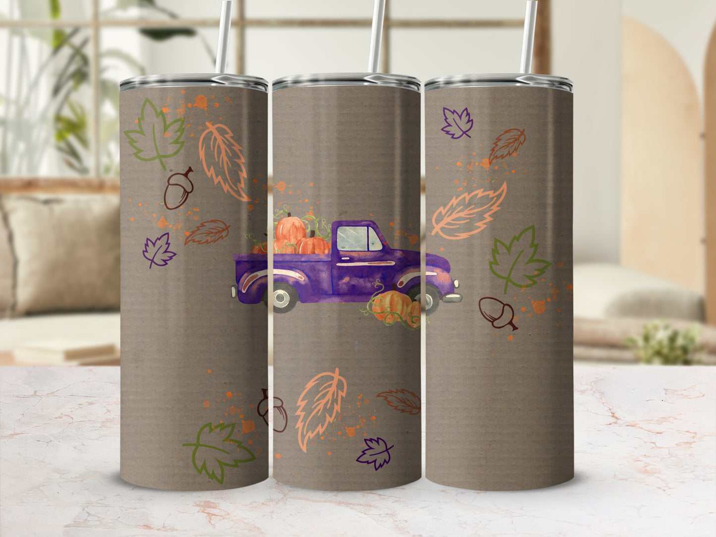 Purple vintage truck with pumpkins and falling autumn leaves design.