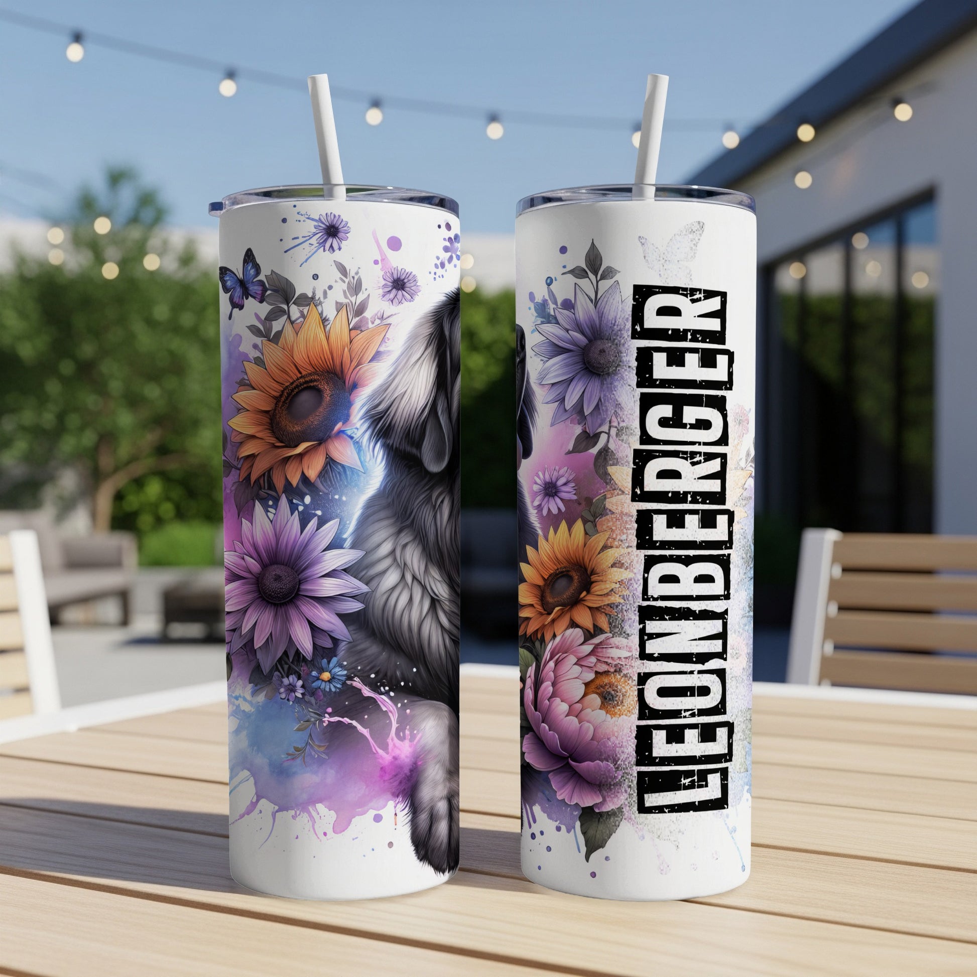 Two floral tumblers featuring a dog illustration and the text LEONBERGER.
