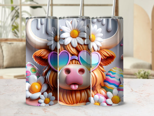 Highland cow with sunglasses and Easter eggs, on a tumbler.