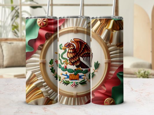Mexican flag emblem on a tumbler with swirling red and green ribbons.