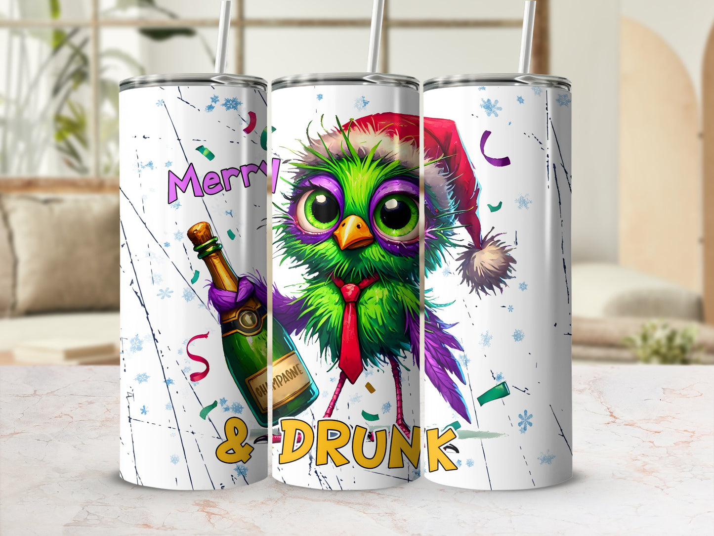 Merry & Drunk Christmas bird with champagne bottle.