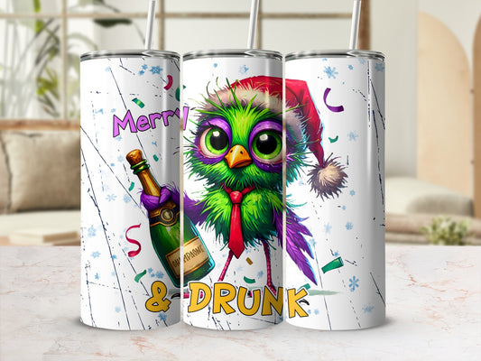 Merry & Drunk Christmas bird with champagne bottle.