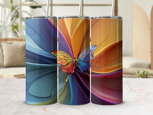 Three tumblers with iridescent butterfly wing designs and colorful, abstract backgrounds.