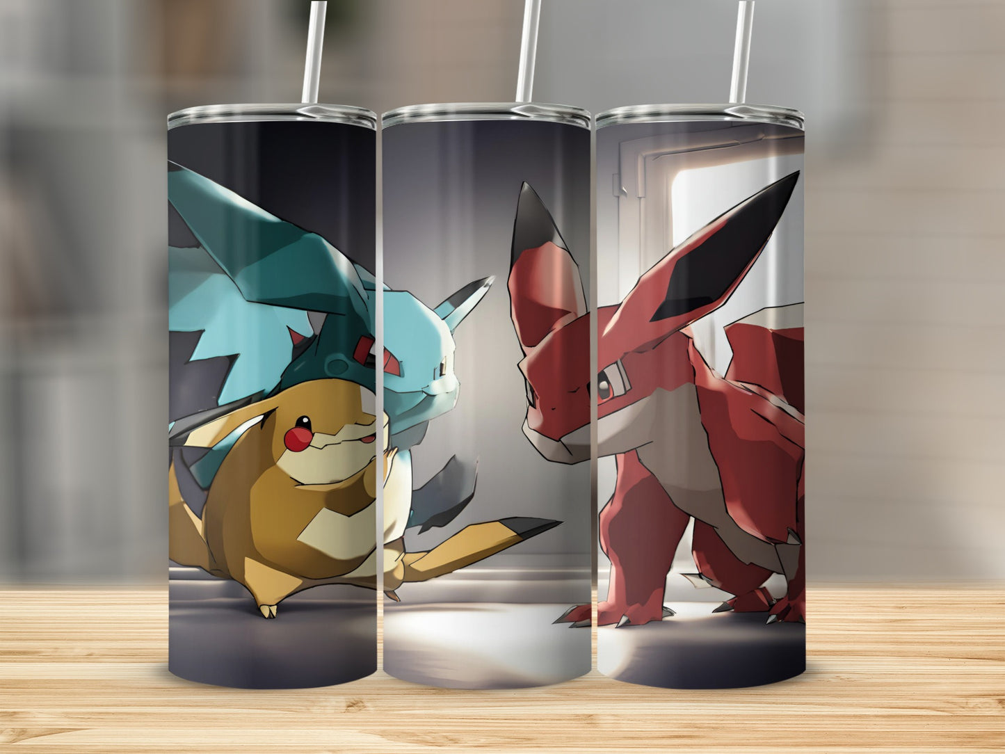 Three Pokemon tumblers featuring Pikachu, a teal dragon, and a red dragon.