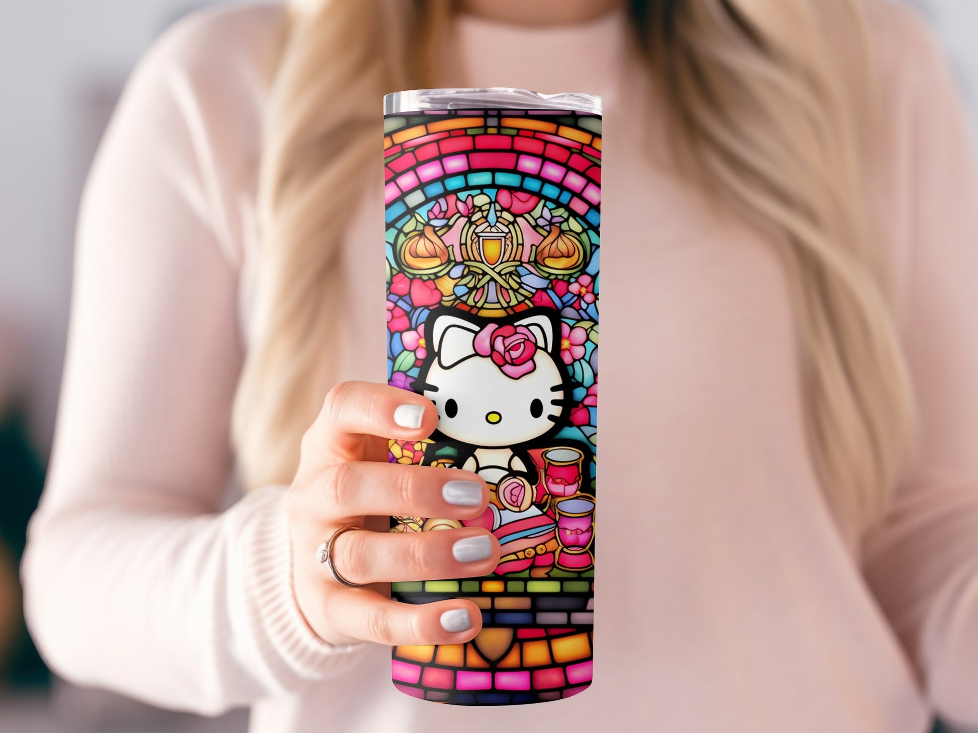 Stained Glass Hello Kitty Floral Colors Print Tumbler